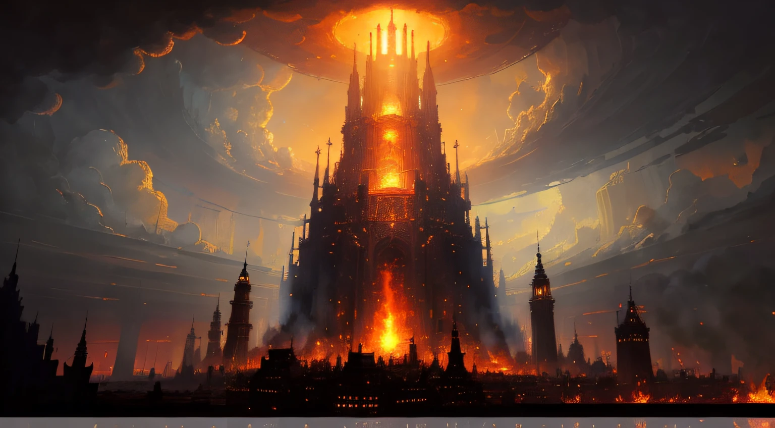 There is a very tall tower，There are a lot of flames on it, Babel, Babel, author：Eugenius Zack, inspired by Marc Simonetti, author：Alexander Jimsky, Babel, author：Alexander Kobzd, author：Arthur Penn, art style of marc simonetti