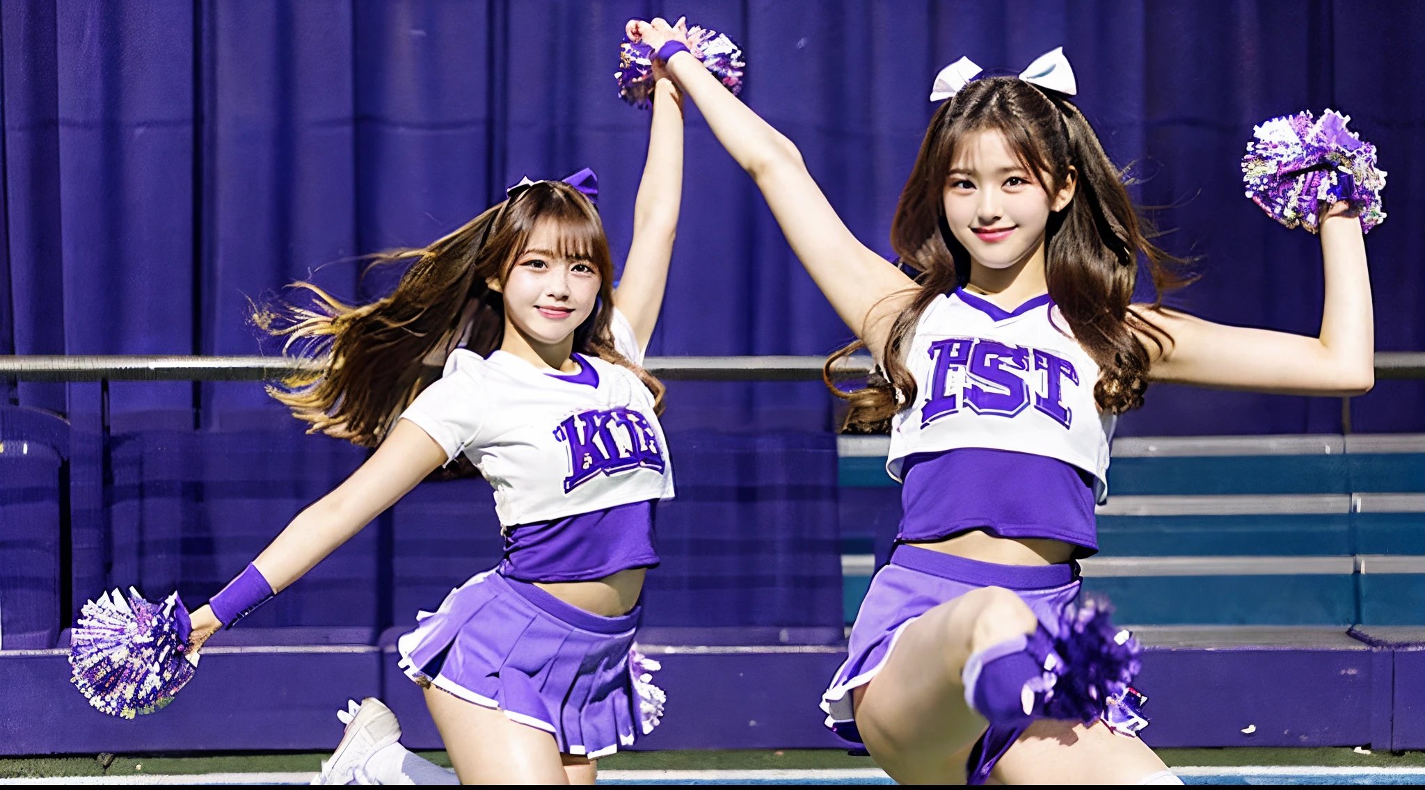Cute 18-year-old cheerleader in a purple miniskirt