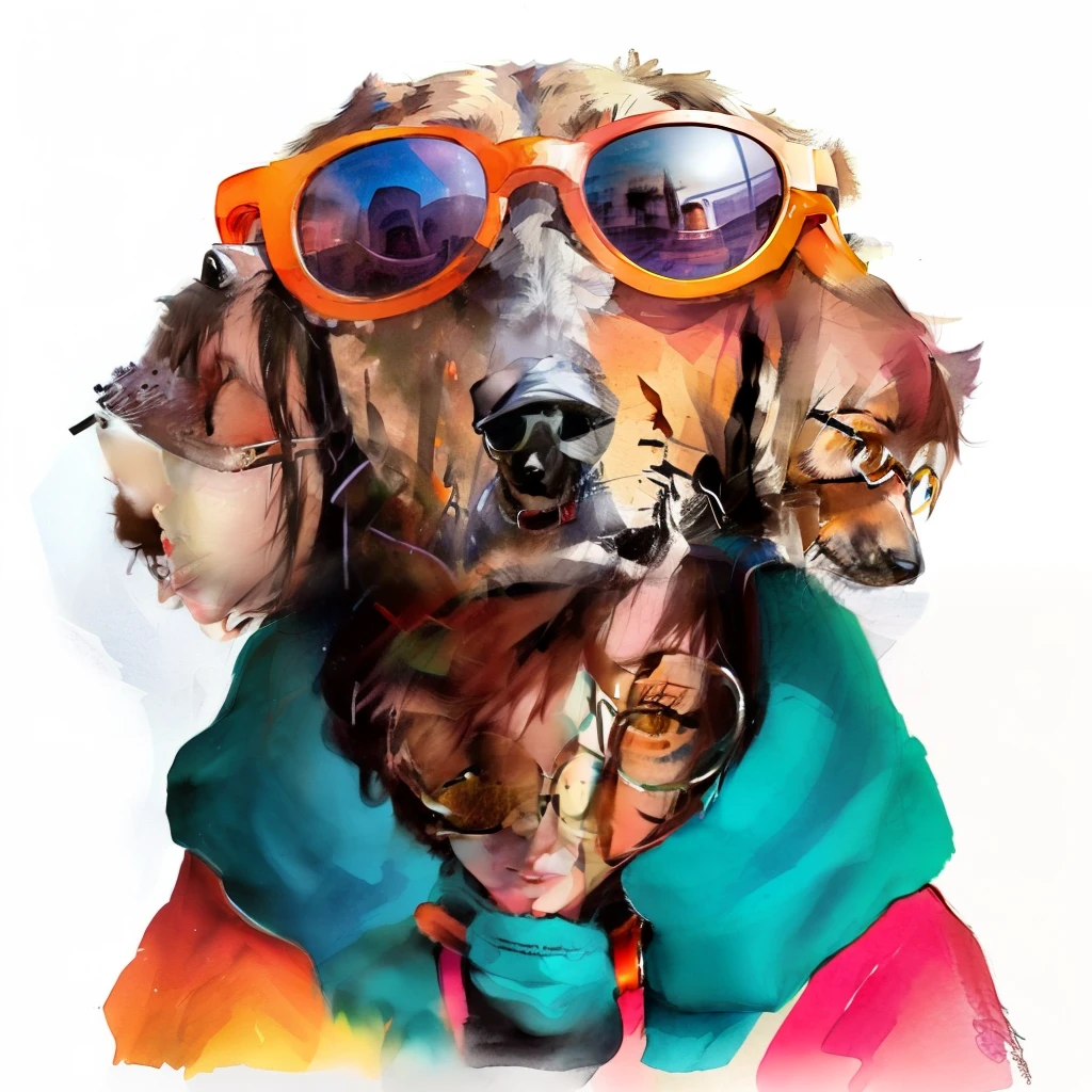 There is a dog with glasses and a sweater, Looks cool and stylish, Portrait shooting, Beast in fashionable clothes, looks smart, Wearing cool sunglasses, portrait of a dachshund, Wearing goggles around neck, cute women, very fashion, Dachshund, Wearing orange sunglasses, High-quality portraits, with sunglass, Detailed portrait shots, High quality detailing, very fashion