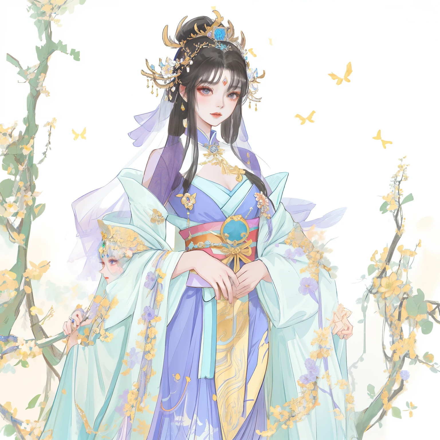 Ancient Chinese style,extremly high detail,exquisite facial features,8K,need,cabelos preto e longos,Osmanthus fairy blue and purple skirt picture, Beautiful Queen, ((beautiful fantasy empress)), Inspired by Lanying, spring goddess, gilded lotus princess, Beautiful and elegant fairy, full body xianxia, Belle peinture de personnage, 宮 , A girl in Hanfu, inspired by Ai Xuan, Inspired by Qiu Ying