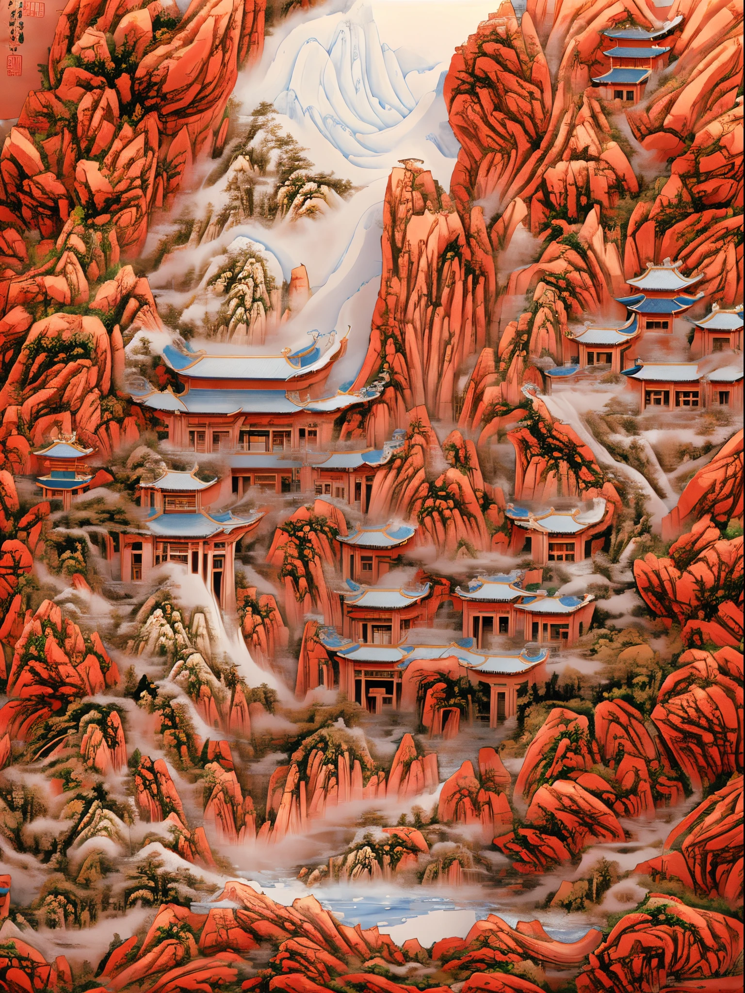 tmasterpiece, high high quality, Best quality, offcial art, (Beauty aesthetics :1.2),  Surrounded by red rocks, Splash spray, (Chinese landscape paper carving, Chinese landscape painting of the Song Dynasty :1.2), (Surreal fantasy style), Light tracing, Environmental occlusion, haze, Natural soft light, limestone, Gel resin tablets, oc rendered,  (Still life photography), (Surreal fantasy style), (chain),