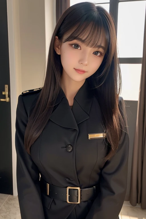 ((glistning skin))、1人、18 year old beautiful girl in Prague、bright expression、with round face、Glossy glossy skin、(Medium Hair)、eye liner、Beautiful bangs、Hair between the eyes、Digital SLR、Soft light、hightquality、natural soft light、Looking at the camera, Soft smile、Black military uniform、Military Academy、Black miniskirt、Background inside the house、Open chest of outerwear 1:9、beutiful breast、