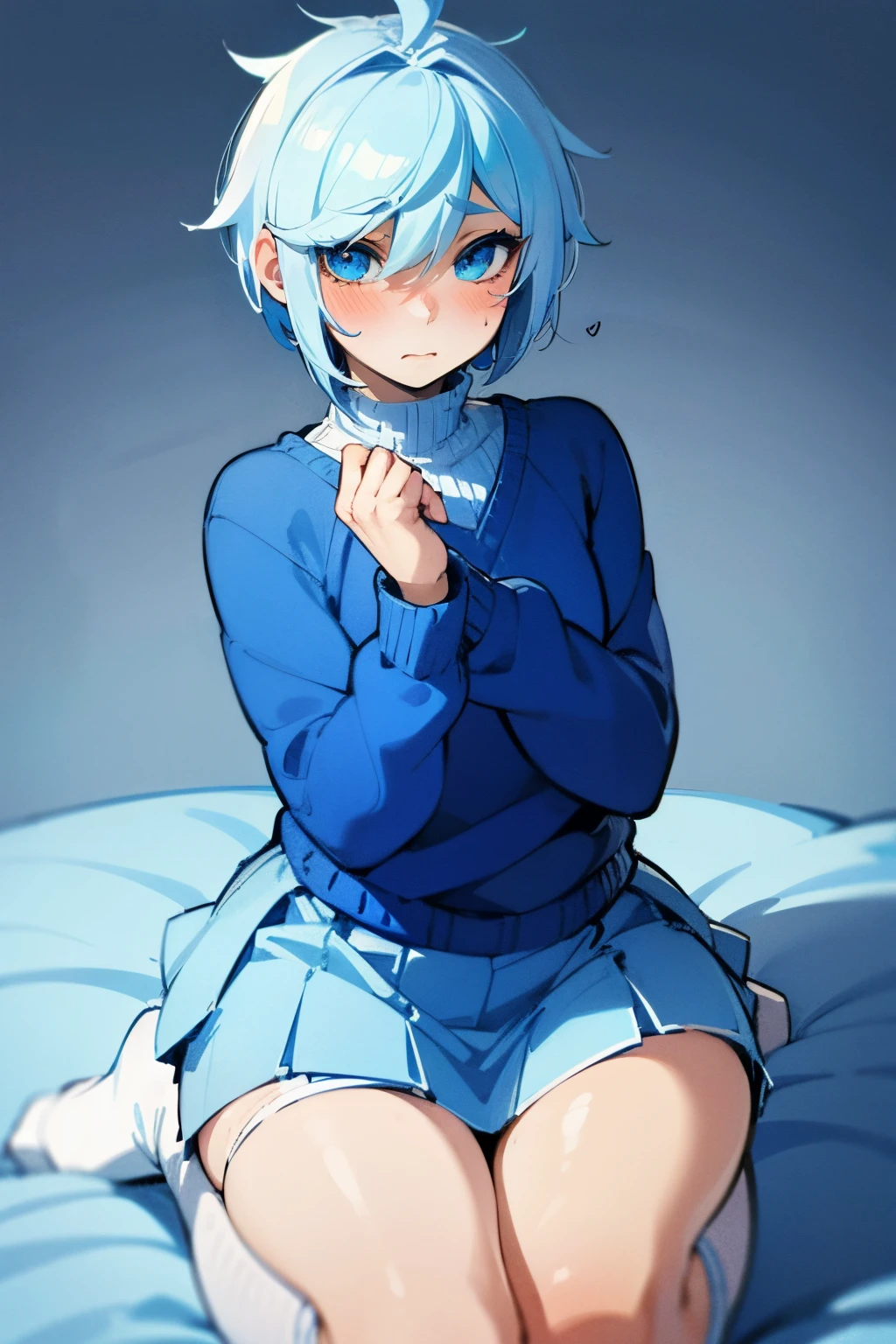 femboy, cute, short blue hair, blue eyes, blue sweater, white skirt, white thigh high socks, blushing, on hands and knees