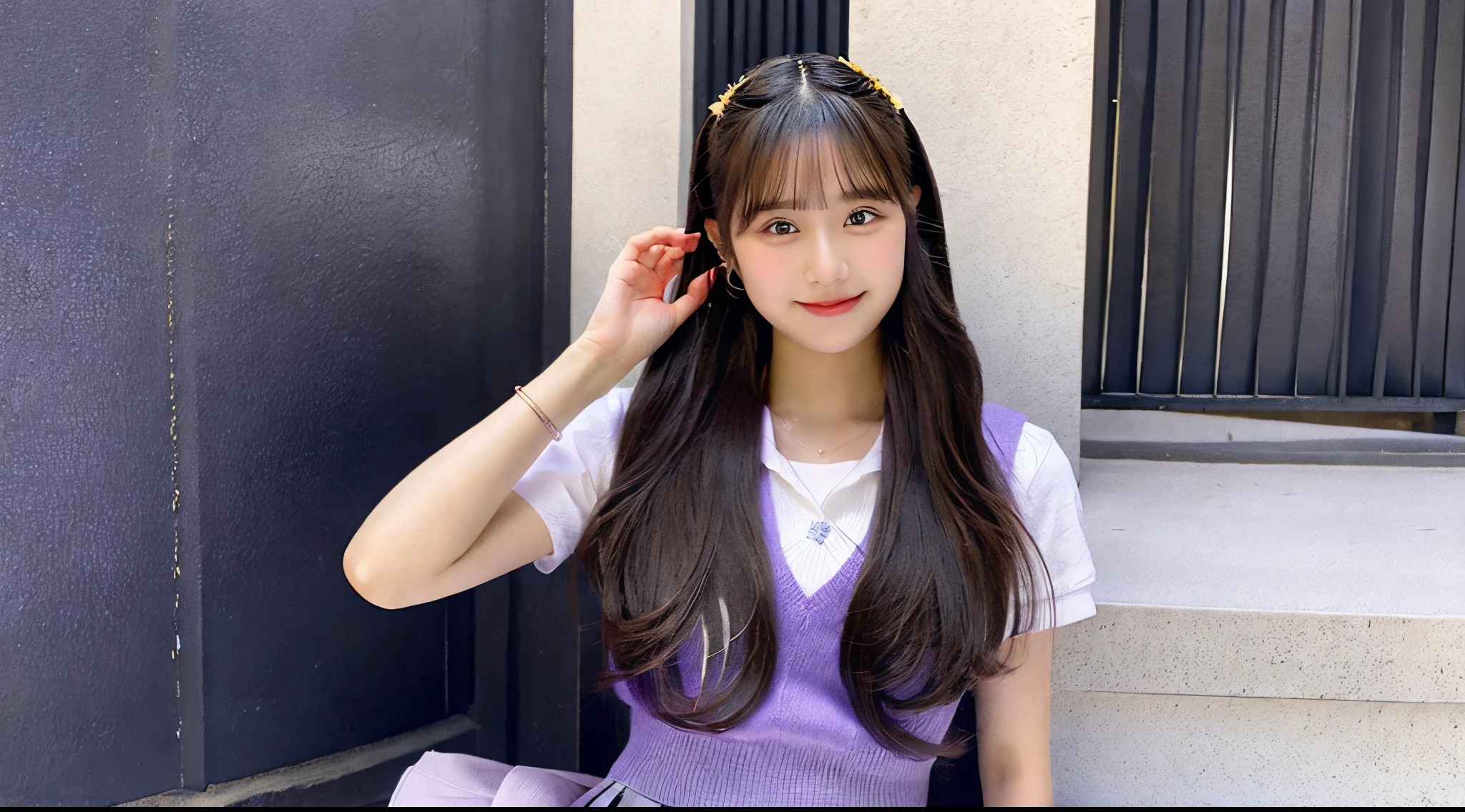 Cute high school girl 18 years old in a purple miniskirt