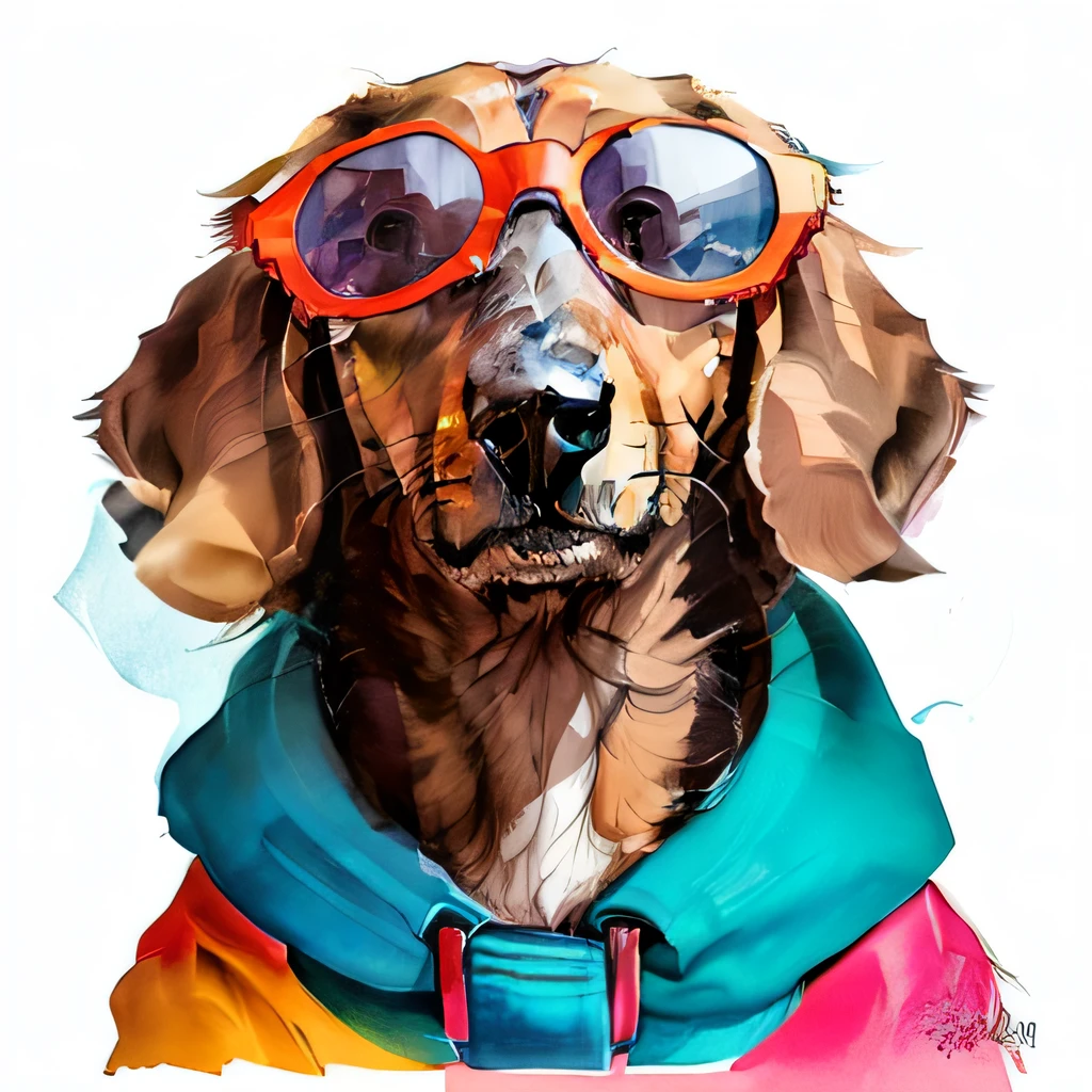 There is a dog with glasses and a sweater, Looks cool and stylish, Portrait shooting, Beast in fashionable clothes, looks smart, Wearing cool sunglasses, portrait of a dachshund, Wearing goggles around neck, cute women, very fashion, Dachshund, Wearing orange sunglasses, High-quality portraits, with sunglass, Detailed portrait shots, High quality detailing, very fashion