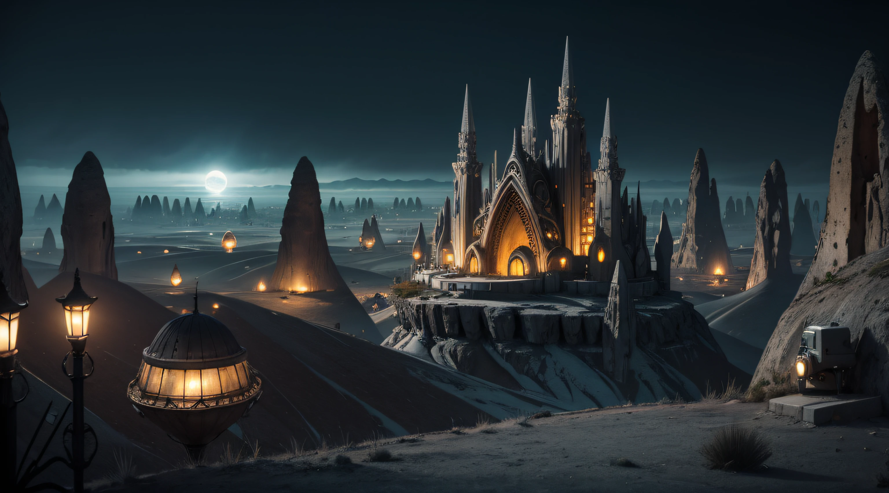 Dark Fantasy, The fantastic scenery, highly detailed landscape, Moonlight, Alien City　The Future of Science Fiction, dark art, Dystopian atmosphere, Mechanical and retro world, land like cappadocia, light from building windows, Strange architecture and streets inspired by Antonio Gaudi, dark sky, Overcast sky, grey sky, Retro analog synthesizer shape, Mechanized anime girl playing a retro analog synthesizer