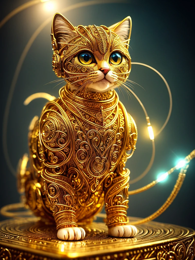 a beautiful kitten made of gold, (cyborg:1.1), ([tail | detailed wire]:1.3), (intricate details), hdr, (intricate details, hyperdetailed:1.2), cinematic plane, vignette, centered, bio luminescence