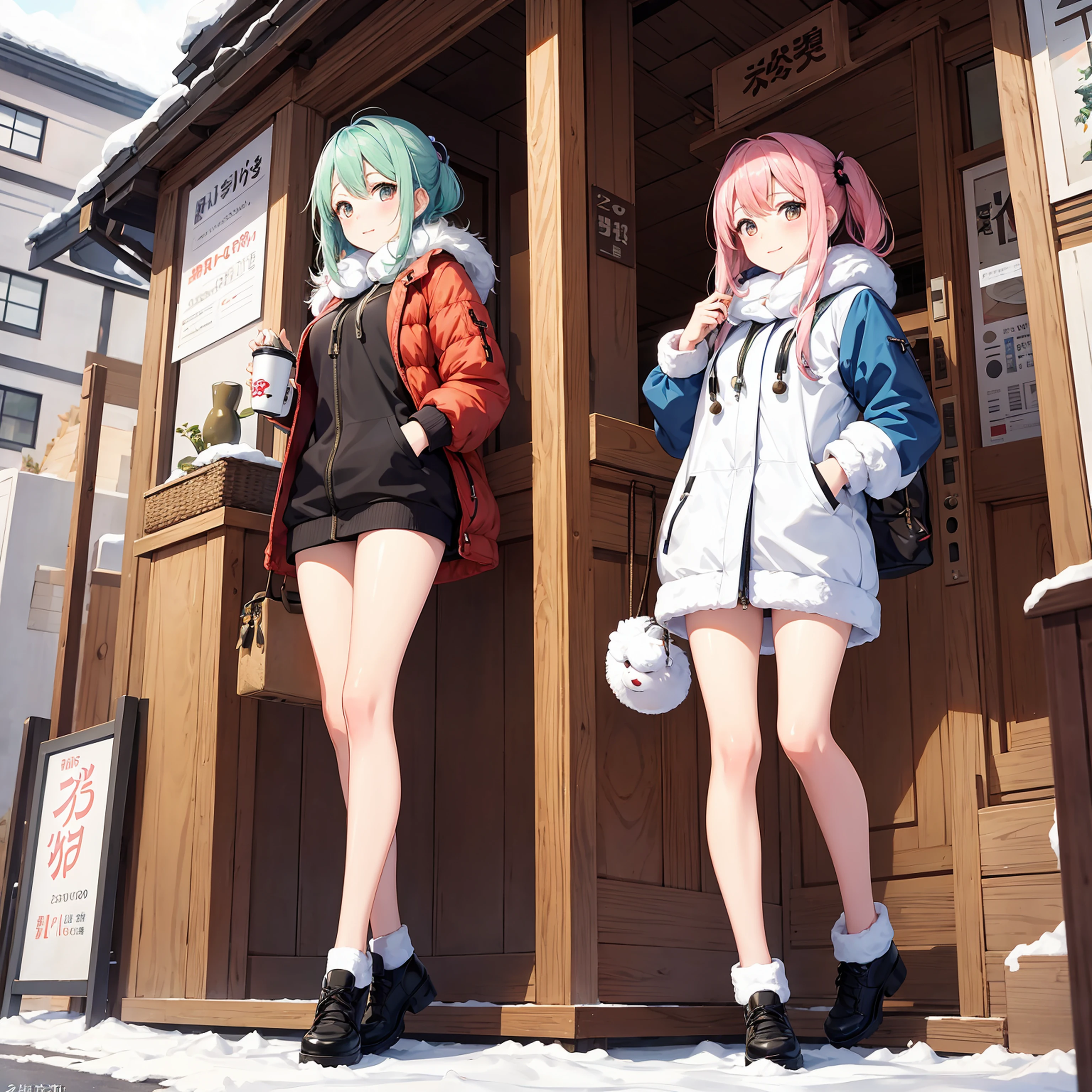 Pink gold golden hair、Red eyes、One good looking girl、solo、anime、Checkered mini skirt、The skirt has buttons、one piece、Blue camisole、White T-shirt、Long sleeve、Black knee-high socks、Wearing a ribbon、Ribbon on waist、Tilting face、Teeth are visible、tunnel、Sunset sky、The rocks are exploding、Penguins are walking、Snow is piled up