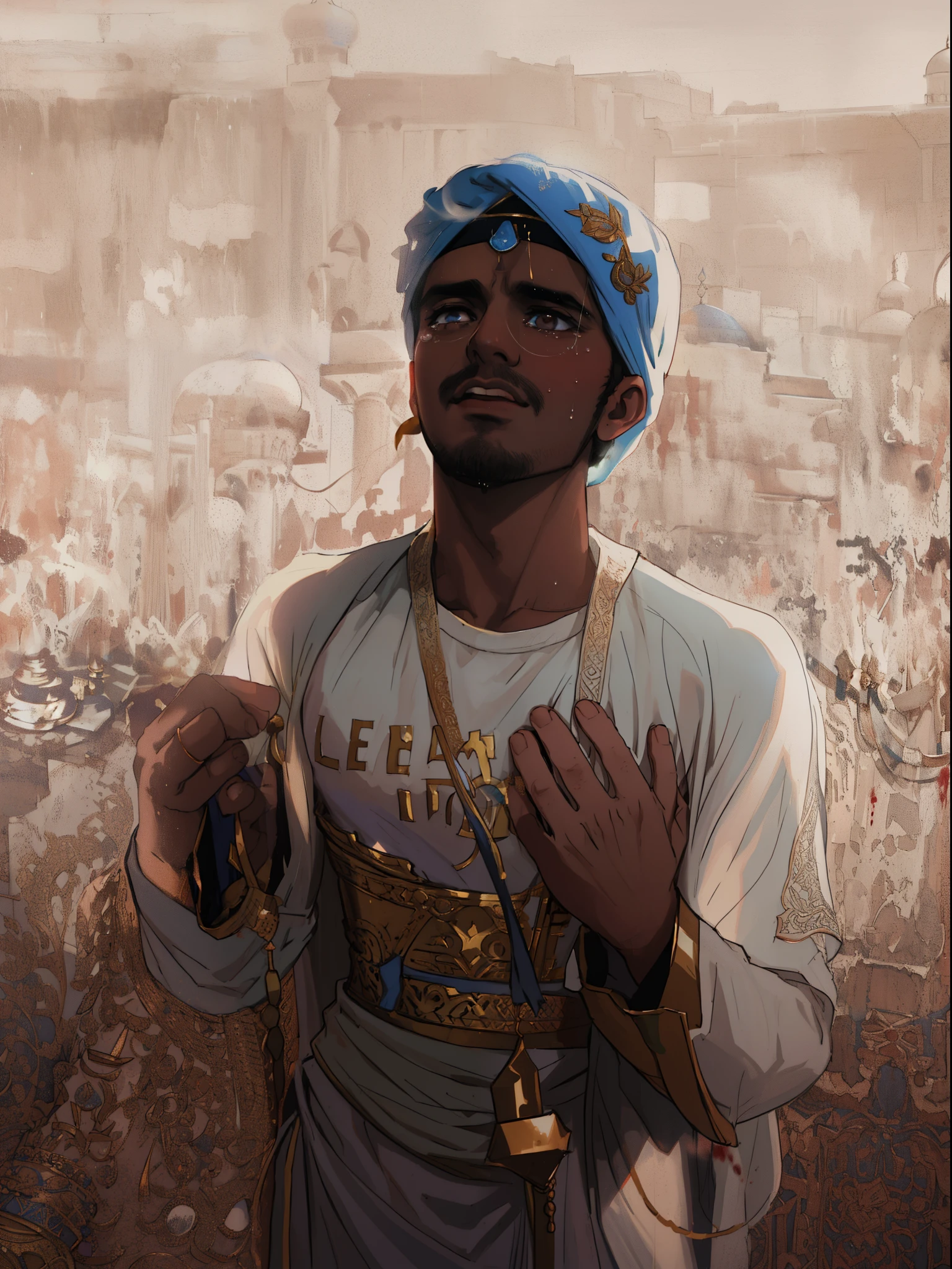 An Arab Muslim man, turban, arab prince outfit, praying to god, with tears, crying, stains of blood in outfit, butchered bodies around, in a mosque, volumetric lighting, VSCO dark filter, aesthetic filter, medium shot, canon 8d, f 2.4