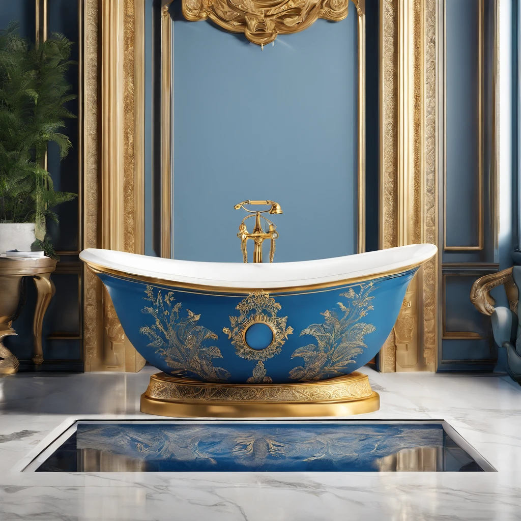 there is a bowl with a blue and gold decoration on it, bathtub, bathtub with golden faucet, dreamy and detailed, ornate and flowing, made purely out of water, beauteous sumptuous, blue and gold color scheme, made of liquid metal and marble, gold and blue, detailed and bright, blue feathers, magnificent design, gold and luxury materials, vivid and detailed