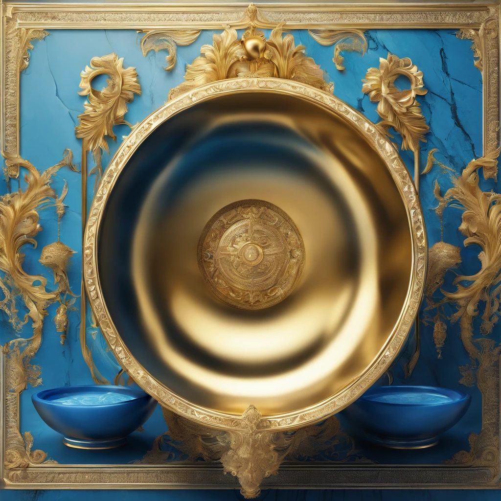 there is a bowl with a blue and gold decoration on it, bathtub, bathtub with golden faucet, dreamy and detailed, ornate and flowing, made purely out of water, beauteous sumptuous, blue and gold color scheme, made of liquid metal and marble, gold and blue, detailed and bright, blue feathers, magnificent design, gold and luxury materials, vivid and detailed