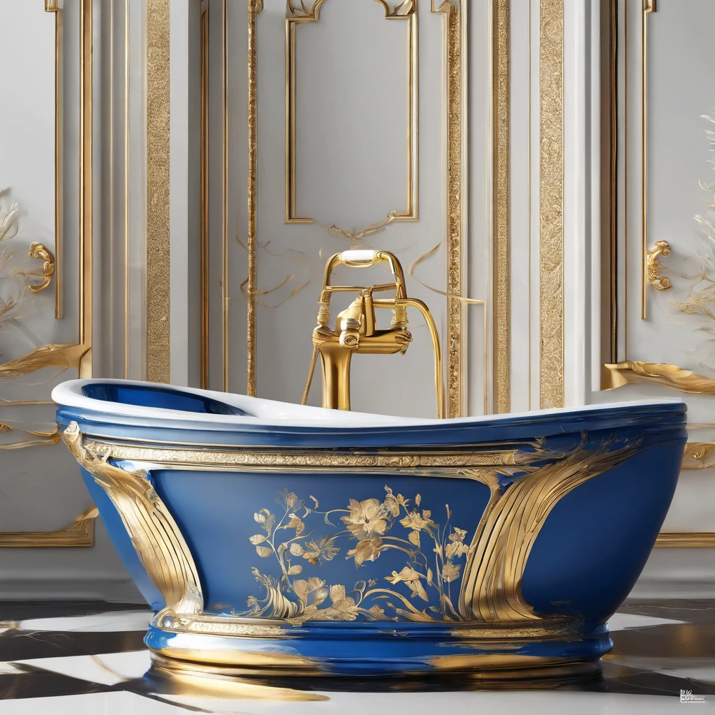 there is a bowl with a blue and gold decoration on it, bathtub, bathtub with golden faucet, dreamy and detailed, ornate and flowing, made purely out of water, beauteous sumptuous, blue and gold color scheme, made of liquid metal and marble, gold and blue, detailed and bright, blue feathers, magnificent design, gold and luxury materials, vivid and detailed