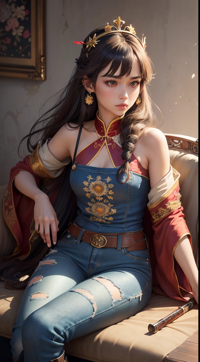 Best Quality, masutepiece, ultra-detailhigh-resolution, (Realistic: 1.4), Watercolor style, Illustration, Dazzling background color,, Skinny Girl with Weapons, (solo exhibition: 1.2), (denim lens: 1.2), (Hair crown: 1.2), (dark brown hair,Traditional Chinese Dunhuang costumes, No strap, (Red Eyeliner: 1.2), (: 1.4), (Accurate Hand Modeling),earrings, Dynamic Angle, Opera House, Messy_long_hair, inky, movie lights, lens_f lare, velvet, chrysanthemums, tassels, bow ribbon, Color embroidery,long boots,Photograph the whole body,sit in a chair and relax,Holding a sword in his right hand,Camera work shot from a distance,Open your crotch to show your panties