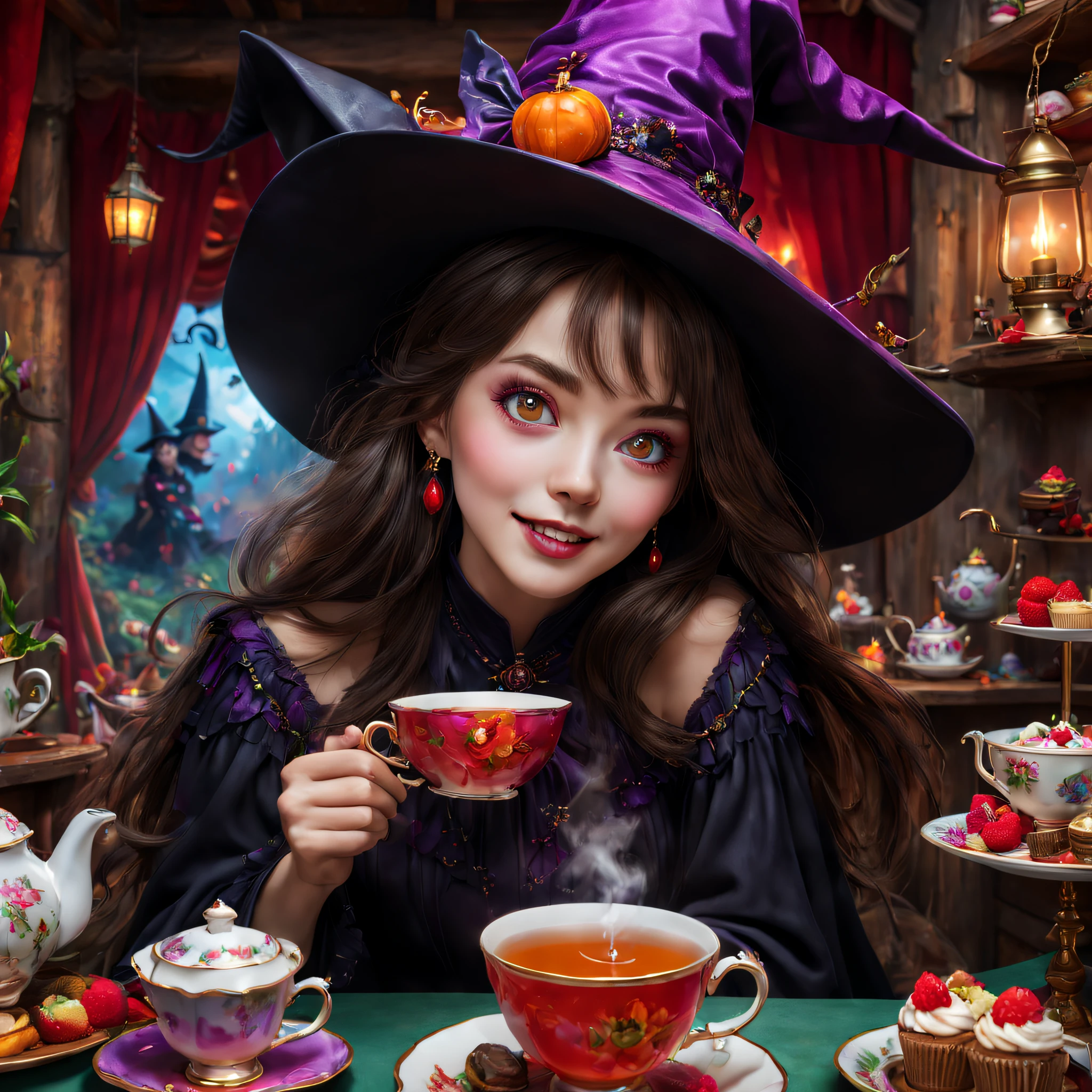best quality, 4k, 8k, masterpiece:1.2, ultra-detailed, realistic:1.37, HDR, studio lighting, vivid colors, magical tea party, magical, Red Cliff, stunning witch, highly detailed eyes, joyful, vibrant, rich and colorful scene