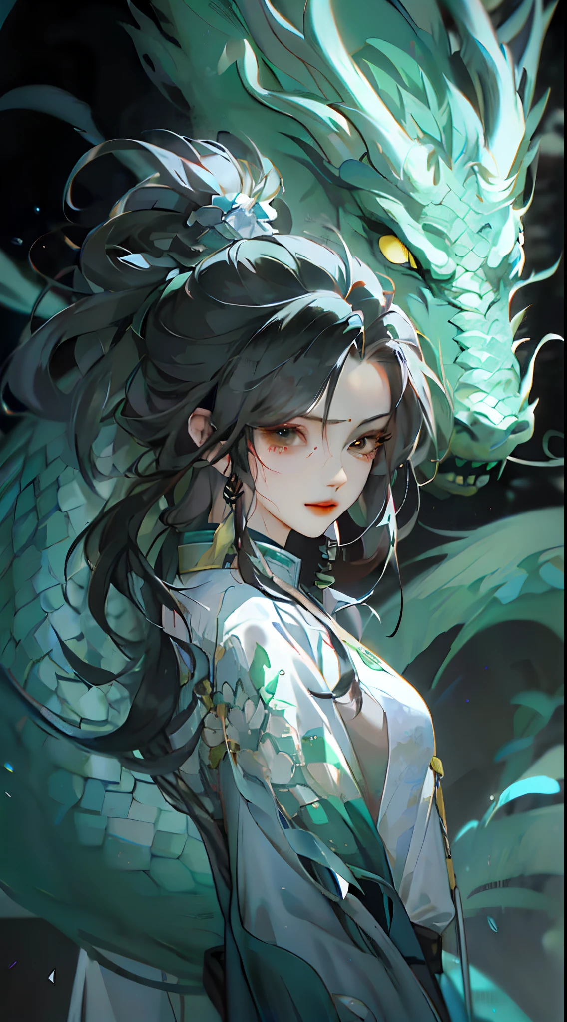 Anime girl with faucet and long hair, by Yang J, Detailed digital anime art, the dragon girl portrait, drak, Digital anime illustration, Ruan Jia and Artgerm, Beautiful character painting, demon slayer rui fanart, By Ni Tian, author:Chen Lin, Artgerm and Atey Ghailan, Dragon girl, Artgerm and Ruan Jia