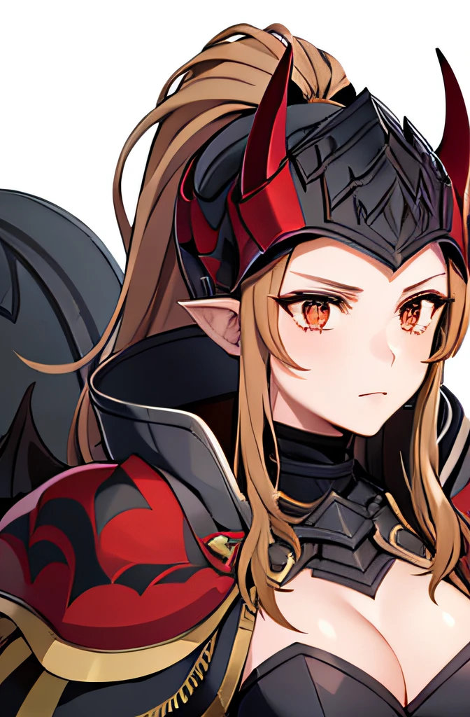 solo focus, Dnd female Erinyes, black plate armour, devil horn on her black metal helm, blood red wing from her back, longsword, red hair, diabolic look, single character. Front view.