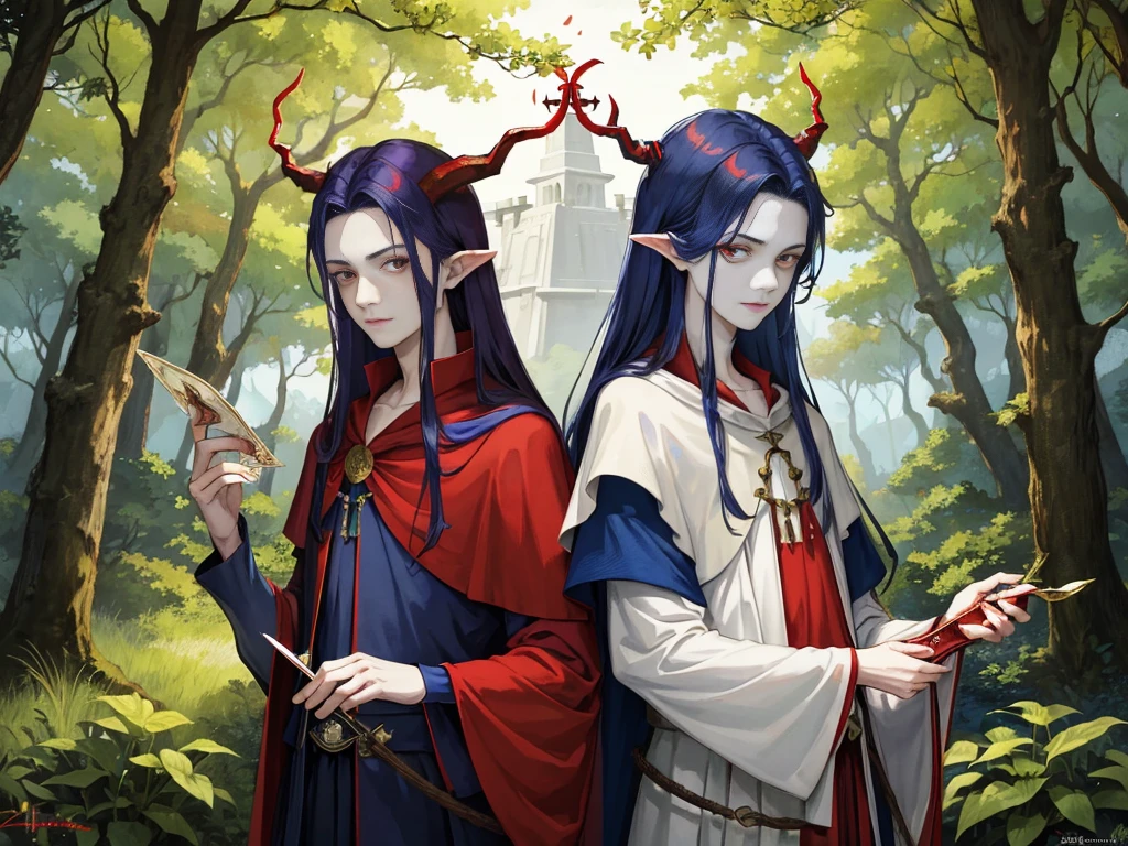 Tarot cards, Detailed juvenile male with red skin,navy blue hair, Two thin horns,Dressed as a druid,illustartion,Realistic,Harmonious colours,natural lighting,Forest setting