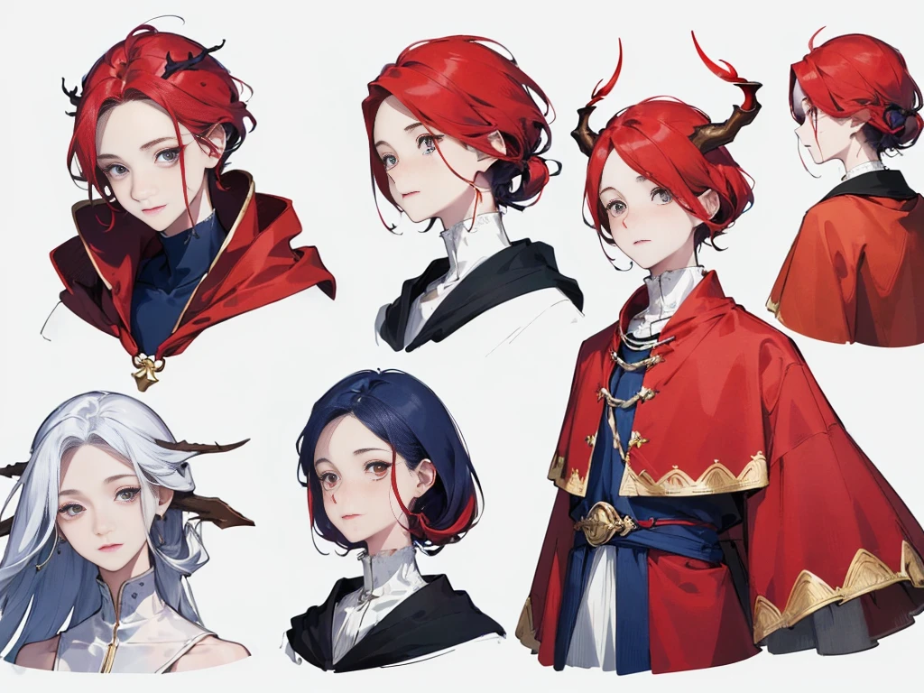 Detailed juvenile male with red skin,navy blue hair, Two thin horns,Dressed as a druid,illustartion,Realistic,Harmonious colours,natural lighting,Forest setting, Masterpiece: 1.6, Best Quality: 1.4, Live Image: 1.2, intricate details: 1.2, charturnerv2: A complete change in body character, Appearance: A detailed eye, High-quality eyes, (Single background, whitebackground: 1.3), multiple views, Multiple images of the same character in one outfit: 1.3.
