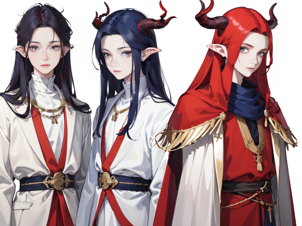 Detailed juvenile male with red skin,navy blue hair, Two thin horns,Dressed as a druid,illustartion,Realistic,Harmonious colours,natural lighting,Forest setting, Masterpiece: 1.6, Best Quality: 1.4, Live Image: 1.2, intricate details: 1.2, charturnerv2: A complete change in body character, Appearance: A detailed eye, High-quality eyes, (Single background, whitebackground: 1.3), multiple views, Multiple images of the same character in one outfit: 1.3.