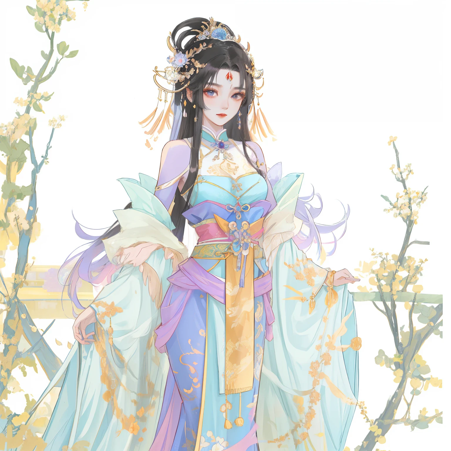 Ancient Chinese style，extremly high detail，exquisite facial features，8K，need，cabelos preto e longos，Osmanthus fairy blue and purple skirt picture, Beautiful Queen, ((beautiful fantasy empress)), Inspired by Lanying, spring goddess, gilded lotus princess, Beautiful and elegant fairy, full body xianxia, Belle peinture de personnage, 宮 ， A girl in Hanfu, inspired by Ai Xuan, Inspired by Qiu Ying