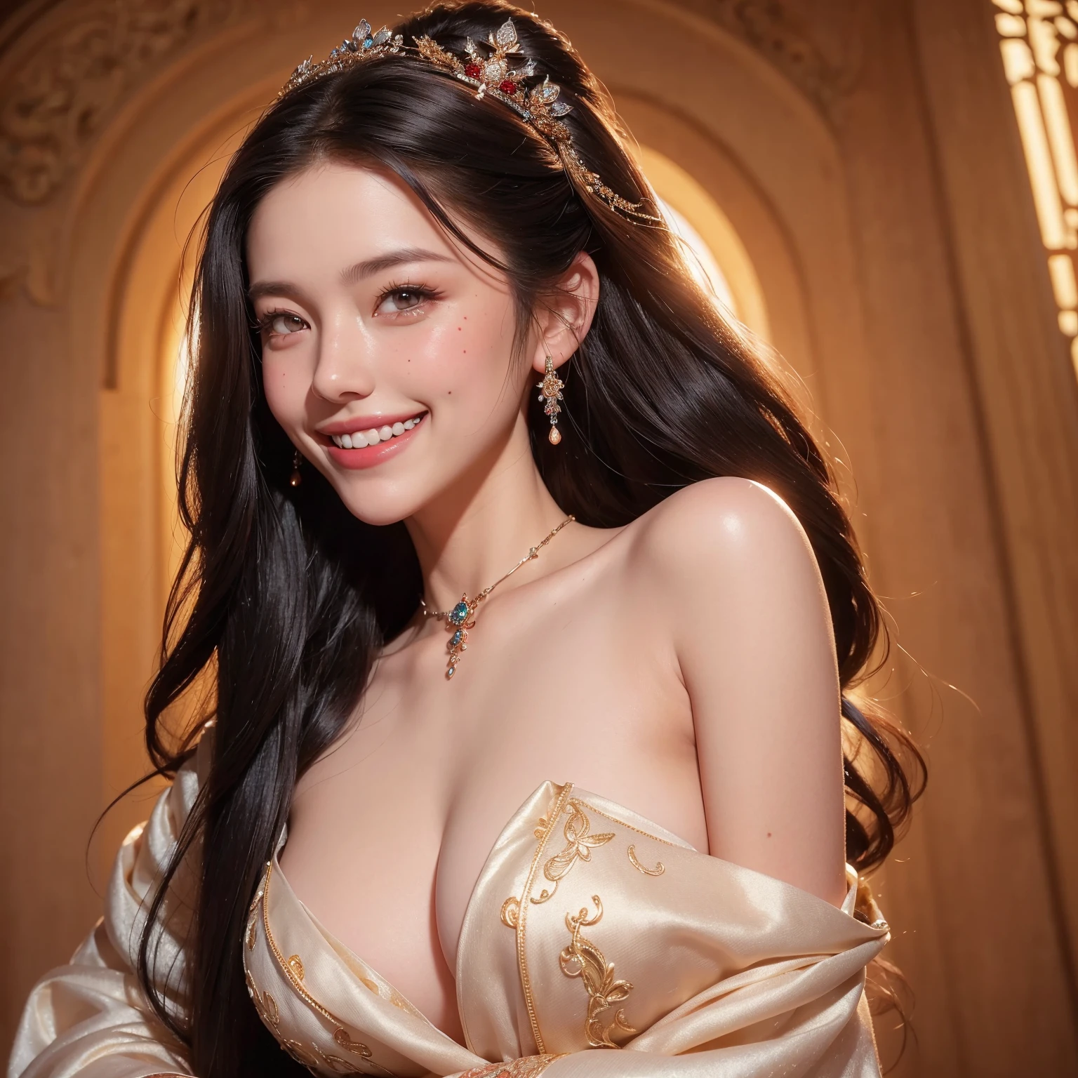 portrait of a beautiful 20 year old holy woman, wearing a thin multicolored silk dress, a beautiful face without blemish, without freckles and moles on her face, (((beautiful smile:1.4))), ((7 color long hair:1.2)), big crown, hair brooch, handful dress, chinese ancient style, full body jewelry, forehead tattoo: (very even and red lips, face full of details, face 1.8) the goddess' skin is smooth white, rosy, cinematic, light and dark, dramatic light, magical light, extremely detailed light, true color, super sharp, realistic, 8k quality, fantasy universe background, saint and magical space, the most detailed image, sexy, Christmas