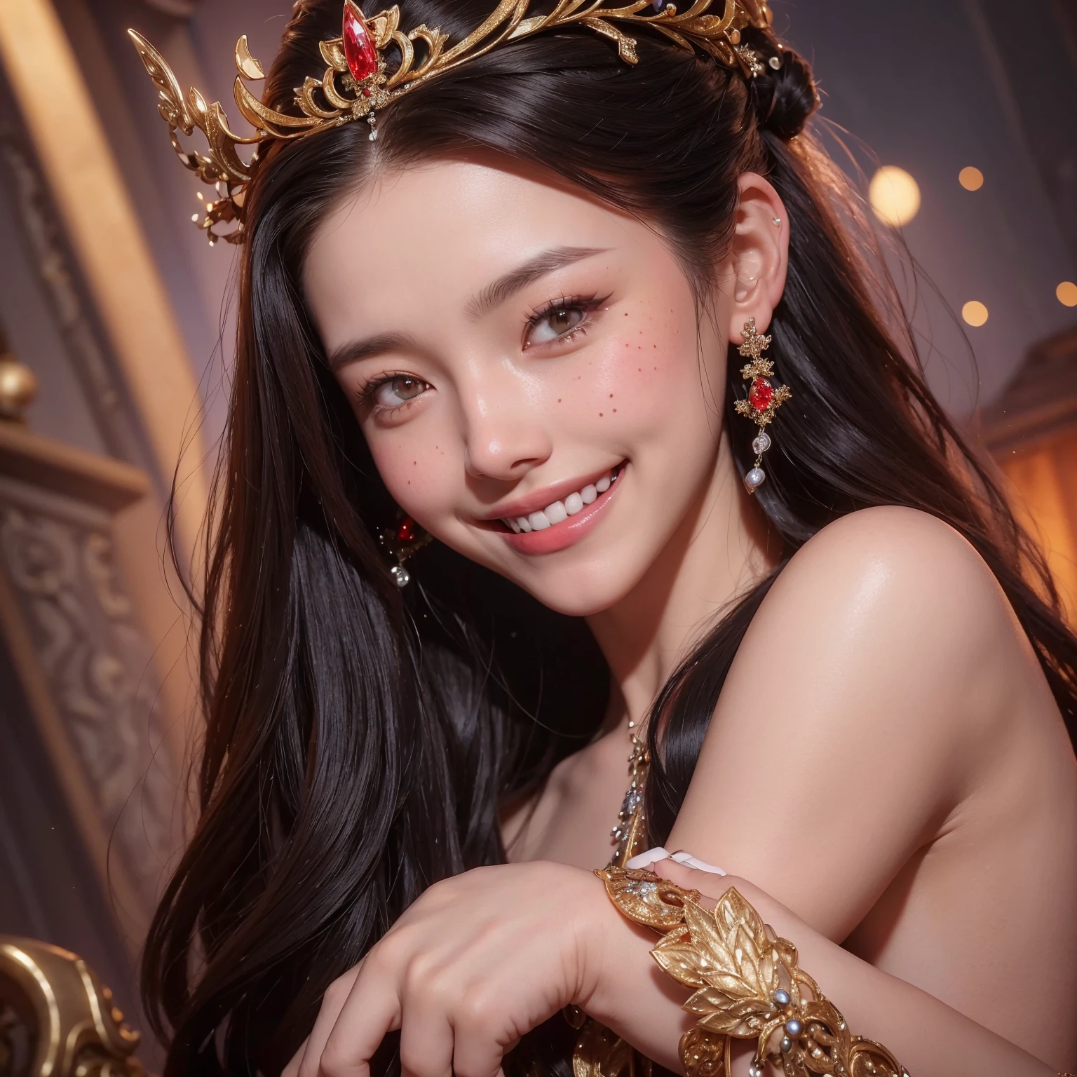 portrait of a beautiful 20 year old holy woman, wearing a thin multicolored silk dress, a beautiful face without blemish, without freckles and moles on her face, (((beautiful smile:1.4))), ((7 color long hair:1.2)), big crown, hair brooch, handful dress, chinese ancient style, full body jewelry, forehead tattoo: (very even and red lips, face full of details, face 1.8) the goddess' skin is smooth white, rosy, cinematic, light and dark, dramatic light, magical light, extremely detailed light, true color, super sharp, realistic, 8k quality, fantasy universe background, saint and magical space, the most detailed image, sexy, Christmas