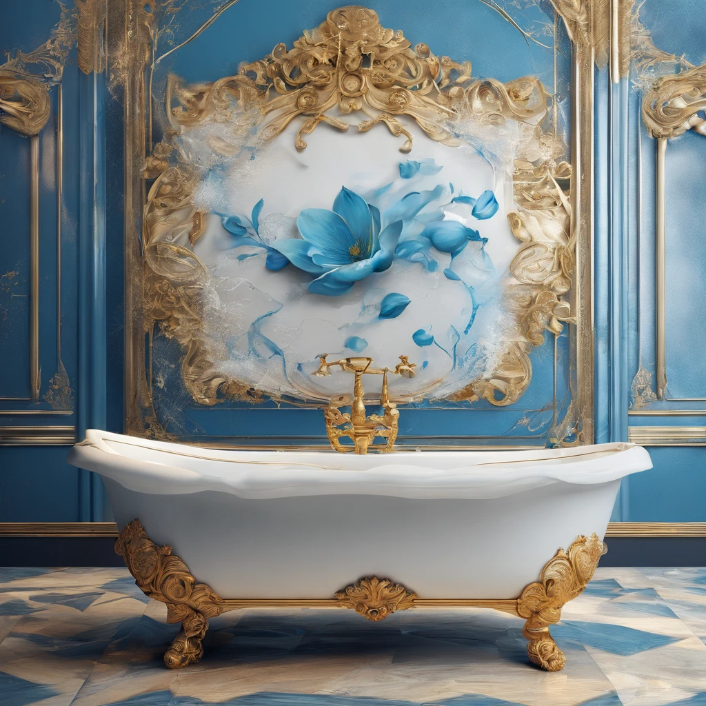 there is a bowl with a blue and gold decoration on it, bathtub, bathtub with golden faucet, dreamy and detailed, ornate and flowing, made purely out of water, beauteous sumptuous, blue and gold color scheme, made of liquid metal and marble, gold and blue, detailed and bright, blue feathers, magnificent design, gold and luxury materials, vivid and detailed