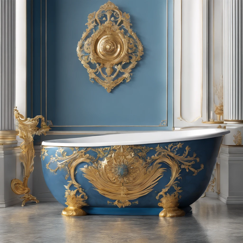 there is a bowl with a blue and gold decoration on it, bathtub, bathtub with golden faucet, dreamy and detailed, ornate and flowing, made purely out of water, beauteous sumptuous, blue and gold color scheme, made of liquid metal and marble, gold and blue, detailed and bright, blue feathers, magnificent design, gold and luxury materials, vivid and detailed
