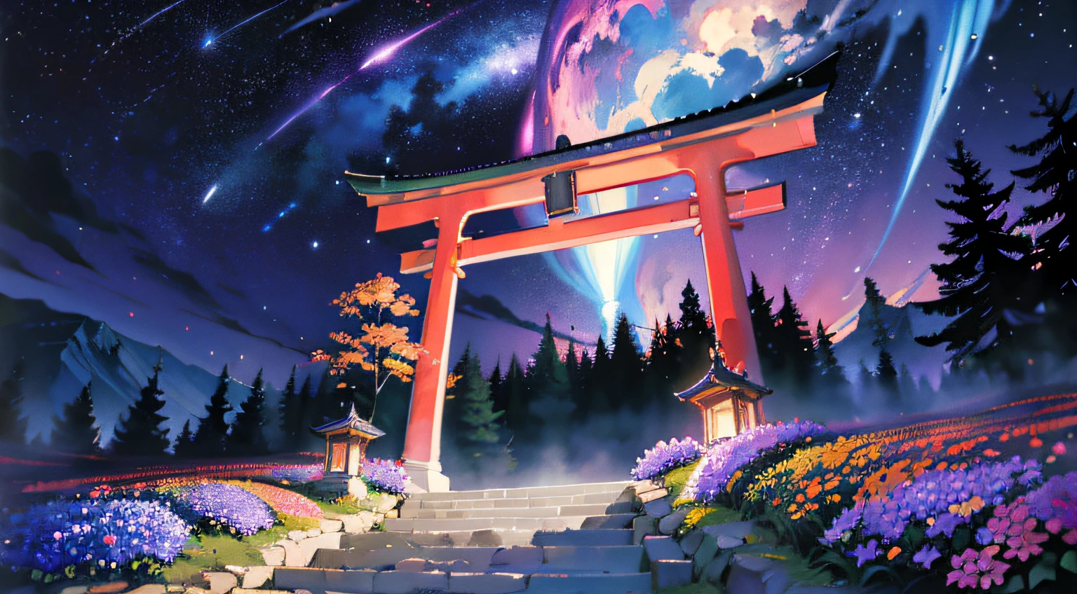 4k, high quality, masterpiece:1.2, expansive landscape photograph ,(flower garden), ((a big torii in the forefront)), stone staircase, moon, (shooting stars:0.9), (nebula:1.3), distant mountain, , (warm light source:1.2),, lamp, lot of purple and orange, intricate details, volumetric lighting, (masterpiece:1.2), (best quality), 4k, ultra-detailed, (dynamic composition:1.4), highly detailed, colorful details, (iridescent colors:1.2), (glowing lighting, atmospheric lighting), dreamy, magical, (solo:1.2),watercolor