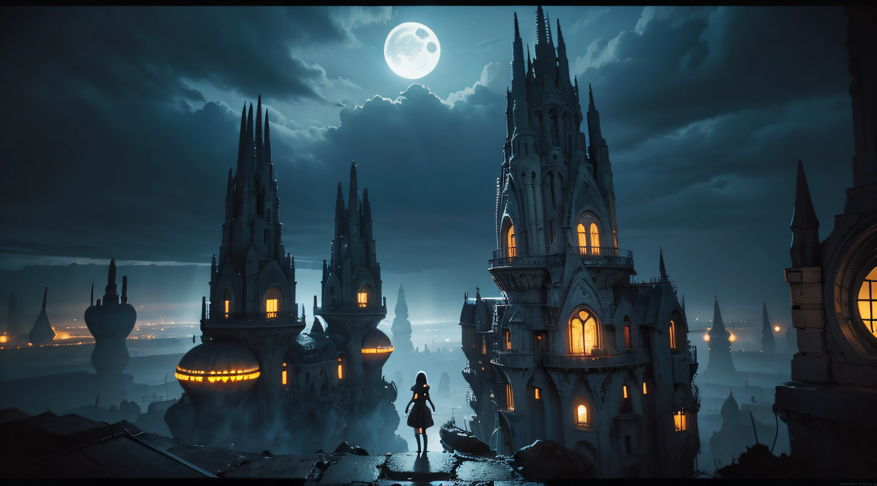 Dark Fantasy, The fantastic scenery, highly detailed landscape, Moonlight, Alien City The Future of Science Fiction, dark art, Dystopian atmosphere, Mechanical and retro world, land like cappadocia, light from building windows, Strange architecture and streets inspired by Antonio Gaudi, dark sky, Overcast sky, grey sky, Retro analog synthesizer shape, Mechanized anime girl playing a retro analog synthesizer