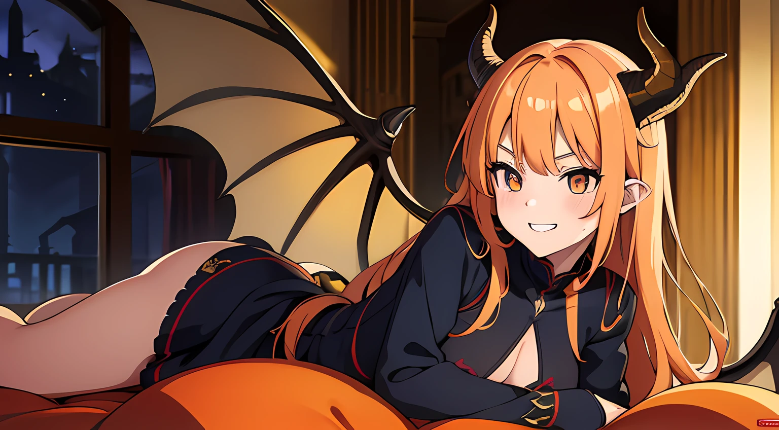 (2 demon girl), (beatiful eyes finely detailed, face to detail, light orange hair color, toothy smile, have dragon horns, have dragon wings), (full body:0.8), knight armored, blush on their face, contemptuous facial expression, sit on the sofa,, middle ages style bedroom, full body, anime best girl, masterpiece sidelighting, night time, masterpiece, top-quality, detailed, High resolution illustration