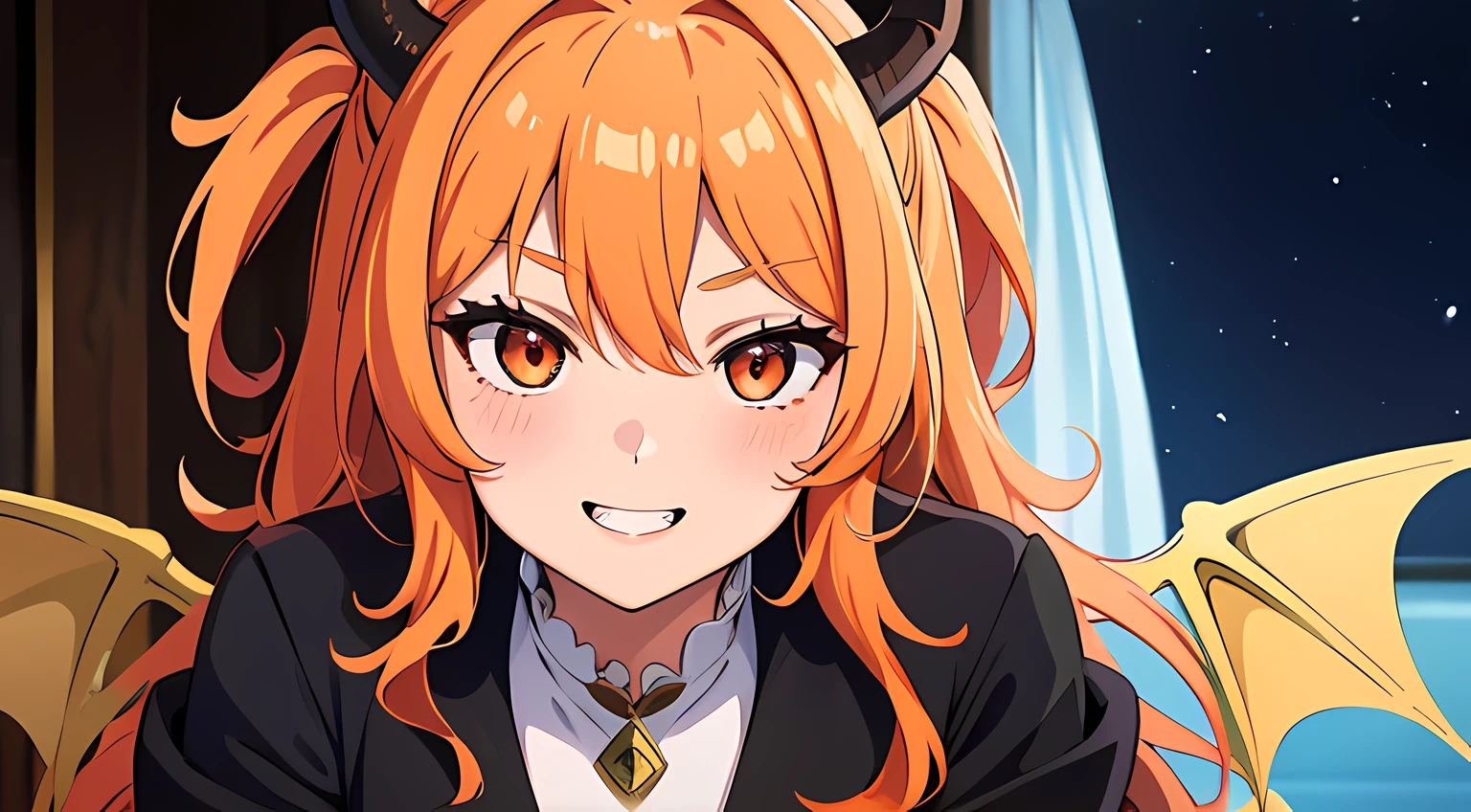 (2 demon girl), (beatiful eyes finely detailed, face to detail, light orange hair color, toothy smile, have dragon horns, have dragon wings), (full body:0.8), knight armored, blush on their face, contemptuous facial expression, middle ages style bedroom, full body, anime best girl, masterpiece sidelighting, night time, ​masterpiece, top-quality, detailed, High resolution illustration