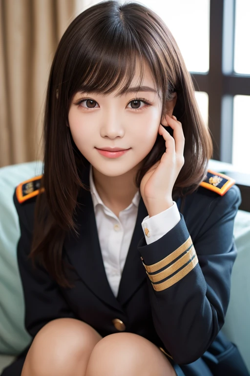 ((glistning skin))、女の子1人、18 year old beautiful girl in Prague、bright expression、with round face、Glossy glossy skin、(Medium Hair)、eye liner、Beautiful bangs、Hair between the eyes、Digital SLR、Soft light、hightquality、natural soft light、Looking at the camera, Soft smile、Black military uniform、Military Academy、Black miniskirt、Background inside the house、