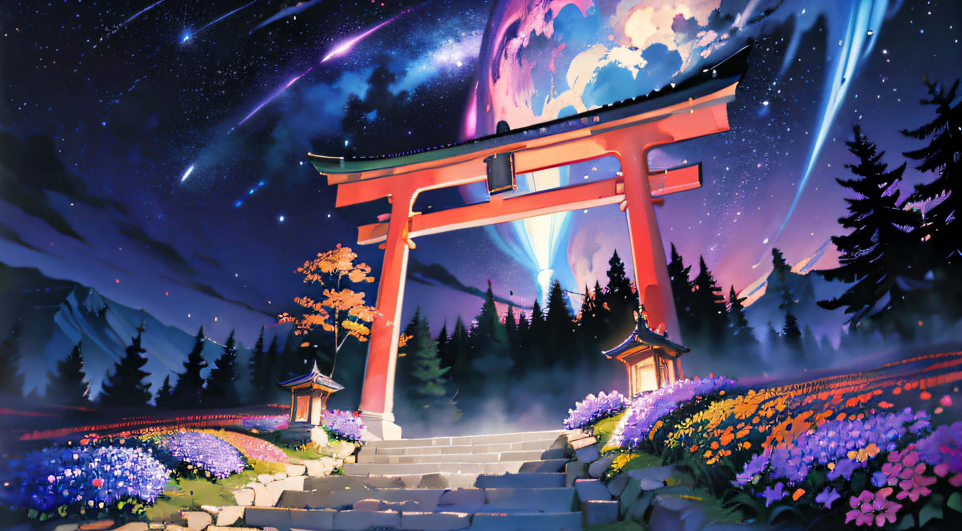 4k, high quality, masterpiece:1.2, expansive landscape photograph ,(flower garden), ((a big torii in the forefront)), stone staircase, moon, (shooting stars:0.9), (nebula:1.3), distant mountain, , (warm light source:1.2),, lamp, lot of purple and orange, intricate details, volumetric lighting, (masterpiece:1.2), (best quality), 4k, ultra-detailed, (dynamic composition:1.4), highly detailed, colorful details, (iridescent colors:1.2), (glowing lighting, atmospheric lighting), dreamy, magical, (solo:1.2),watercolor