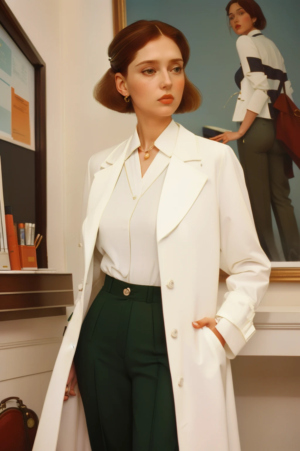 1995, Boston. Pre-raphaelite ((((40-year-old)) Alina Starkov)), doctor, hospital elegant office, working, ((((casual Clothing from the 1990s, tailored pants and blouse, white coat)))) ((short bob Hairstyle of the 1990s)), ((Wes Anderson cinematic style)), colorful
