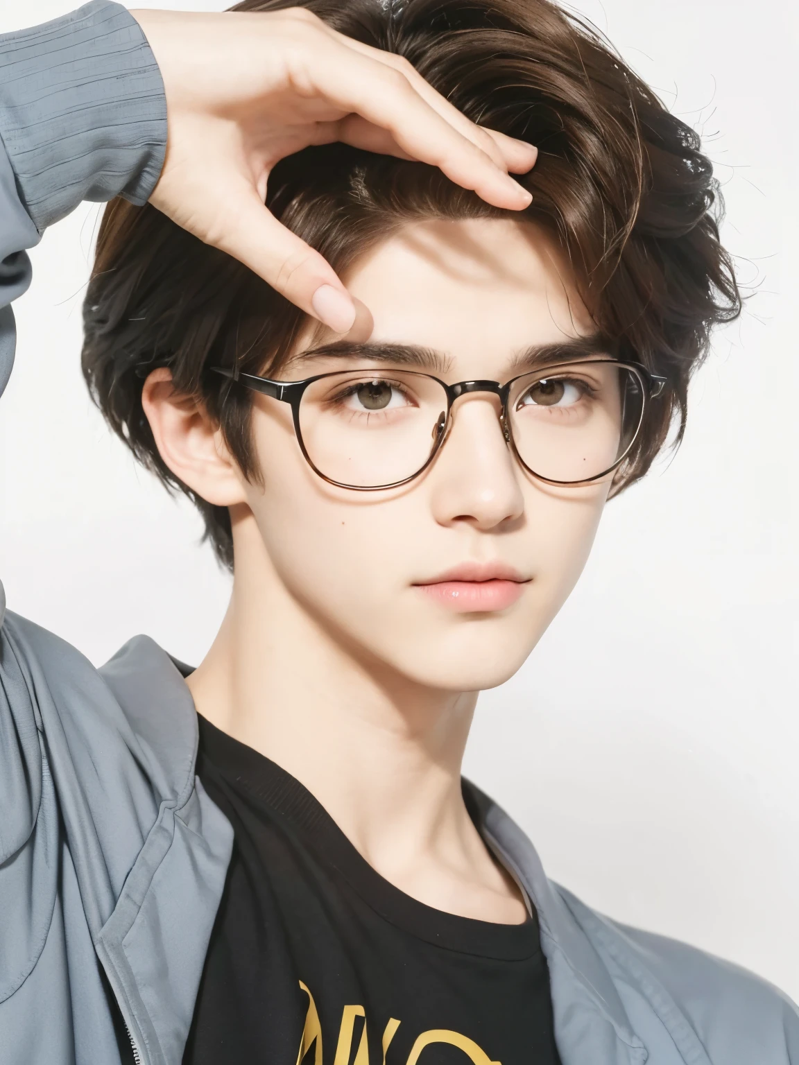 A realistic brown haired teenage boy, exactly the same hairstyle, realistic handsome face, realistic cool expression, adapt Exactly the same clothes, realistic nice hands, exactly the same glasses, realistic light, realistic shadows, realistic background, realistic yellow eyes