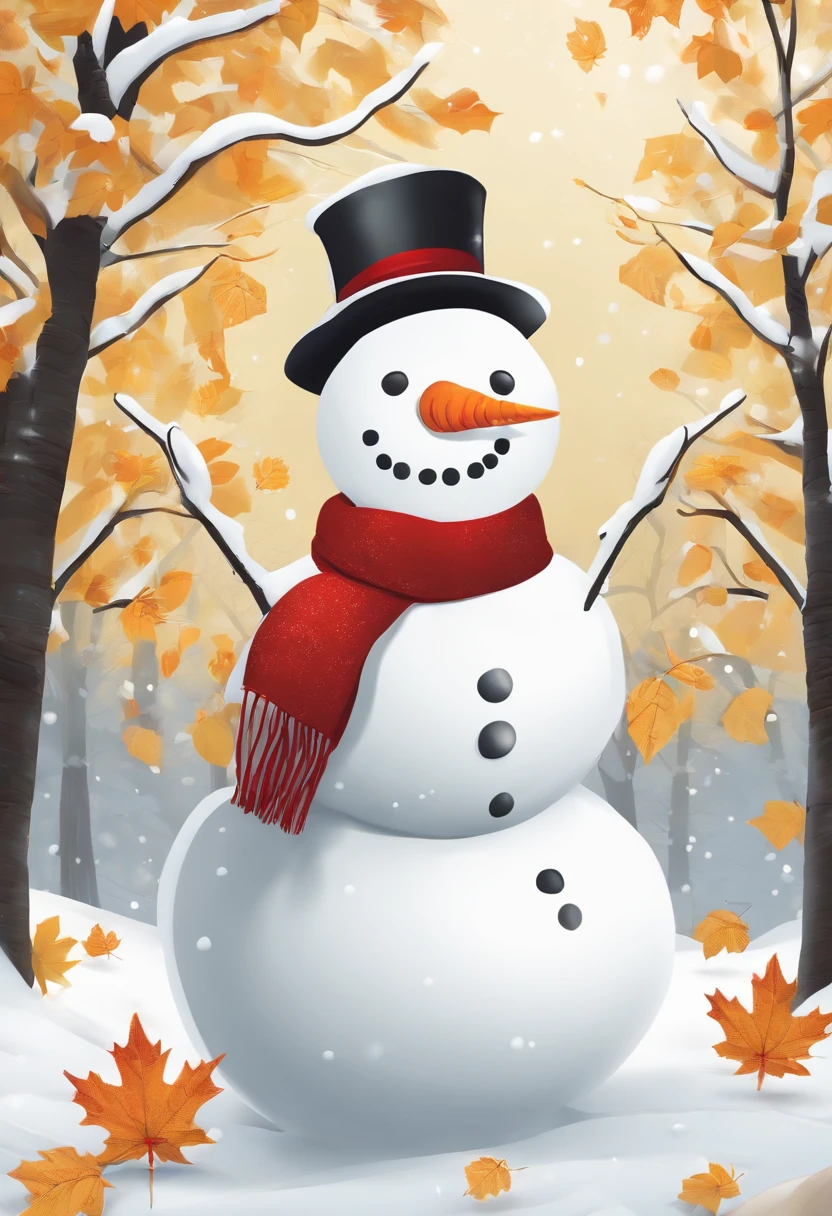 Make a snowman,Yellow leaves,White snow,Snowman red scarf,Carrot nose,Fat Chubby