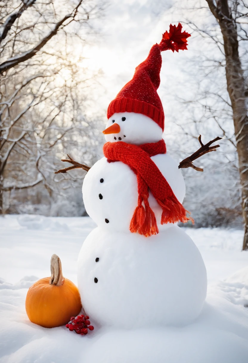 Make a snowman,Yellow leaves,White snow,Snowman red scarf,Carrot nose,Fat Chubby