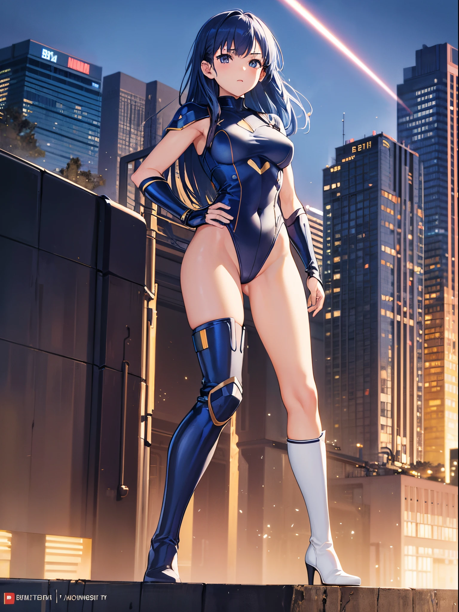 masterpiece, best quality, 1girl, superhero, leotard, bare legs, knee boots, matching boots, medium breasts, heroic, city backdrop, standing, body infused with energy, light particles, solo, single, cowboy shot, perfect anatomy, hand on hip, blue hair