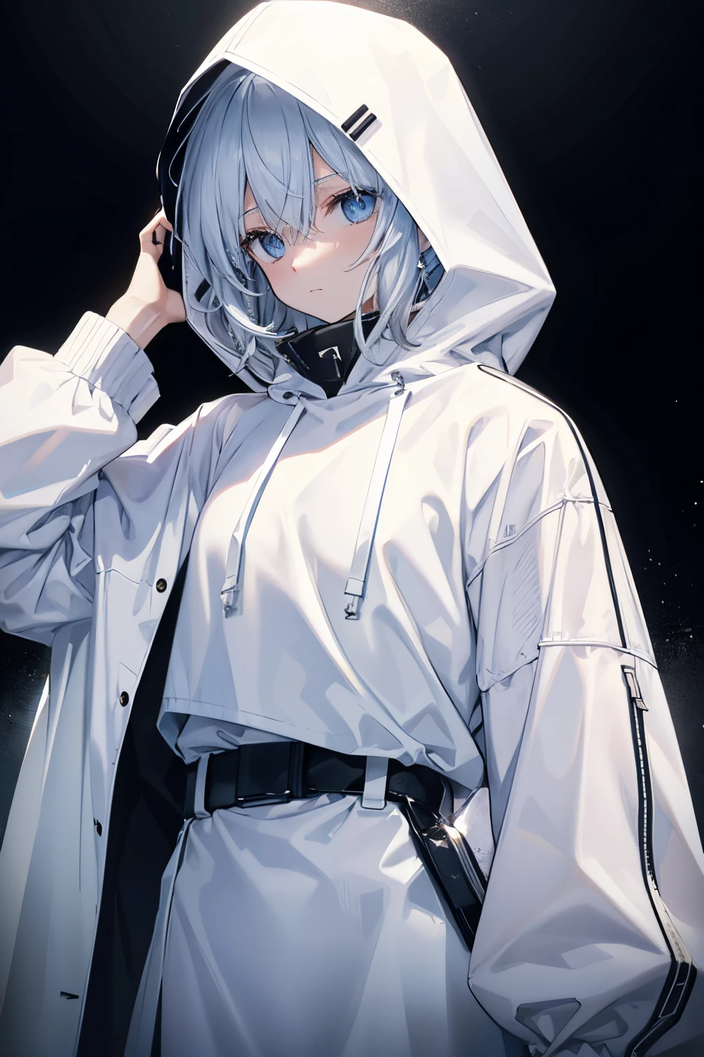 Near future, a cool, White attire, hoods, Mysterious accessories,