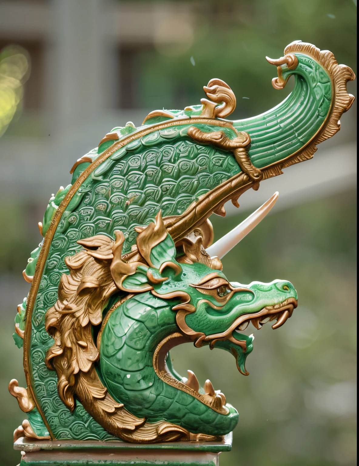 Fleur-de-lis kiss,Green Dragon Statue, Ancient Chinese ornate sculptures, Jade Dragon Statue, Glazed Dragon Sculpture,pottery,Glass products,ancient china art style, Chinese mythology, smooth chinese dragon, Traditional Chinese patterns, huge animal statue,artwork of a,cultural relic,k hd,8KKKKK, dragon scale, Pale color background,Background bokeh