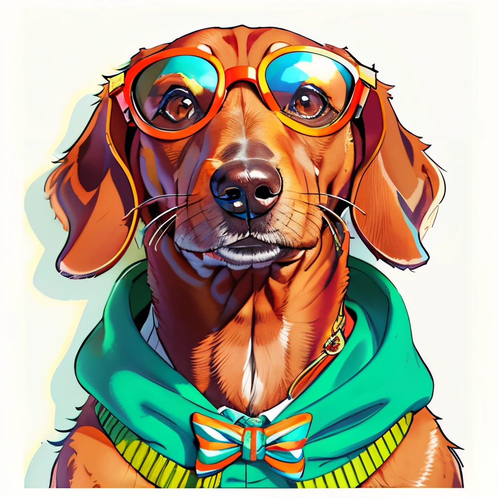 There is a dog with glasses and a sweater, Looks cool and stylish, Portrait shooting, Beast in fashionable clothes, looks smart, Wearing cool sunglasses, portrait of a dachshund, Wearing goggles around neck, cute women, very fashion, Dachshund, Wearing orange sunglasses, High-quality portraits, with sunglass, Detailed portrait shots, High quality detailing, very fashion