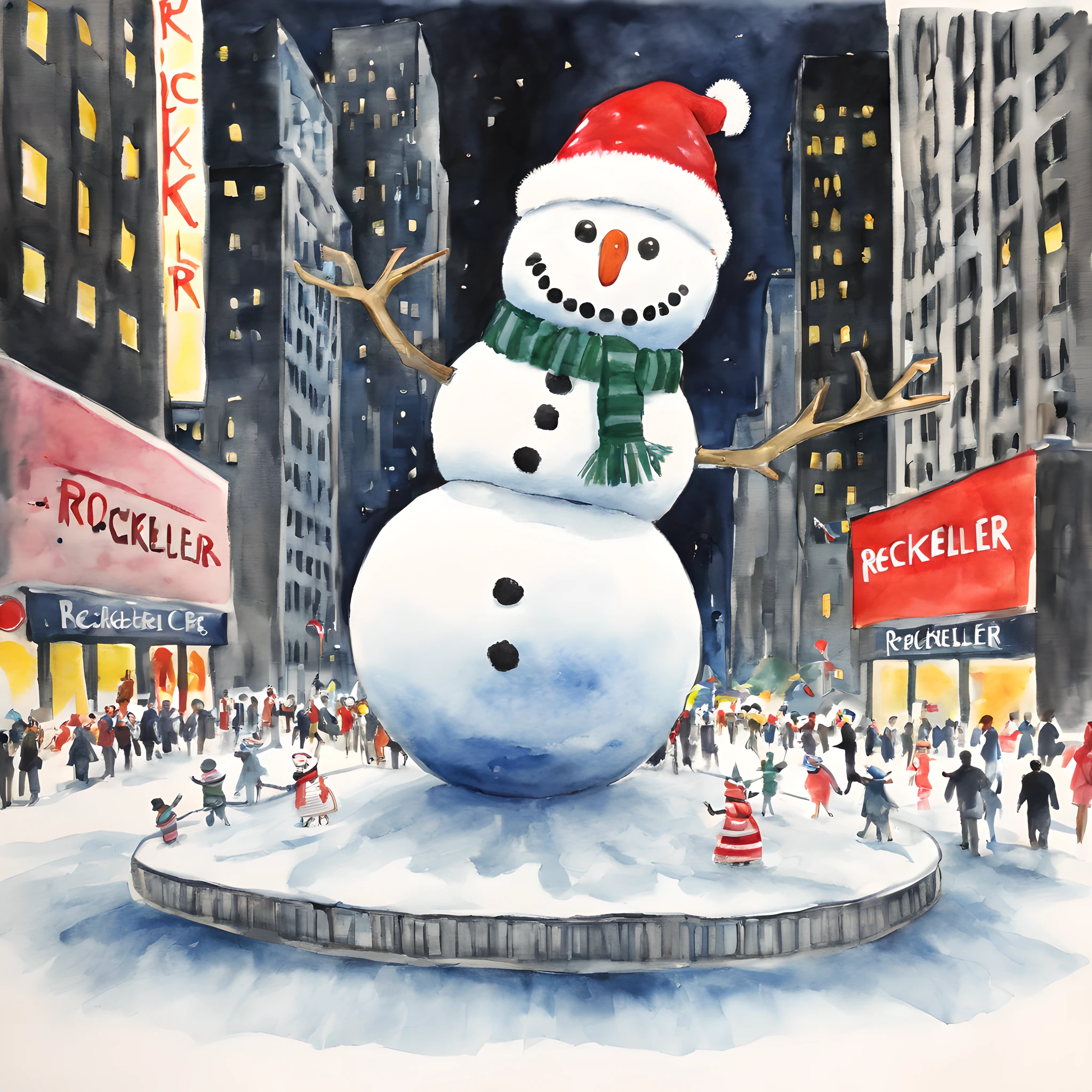 (snowman:1.5),(snowman theme:1.5),(dark horror theme:1.5),(thriller:1.5),(inspiration from Stephen King:1.5),(dark fantasy:1.5), (ink and watercolor painting:1.5), (full color:1.5), 8k, 4k, (snowman in front of rockefeller center:1.5),(Christmas:1.5),(absurderes:1.5),(fantastic:1.5),(best quality:1.5),(masterpiece:1.5),