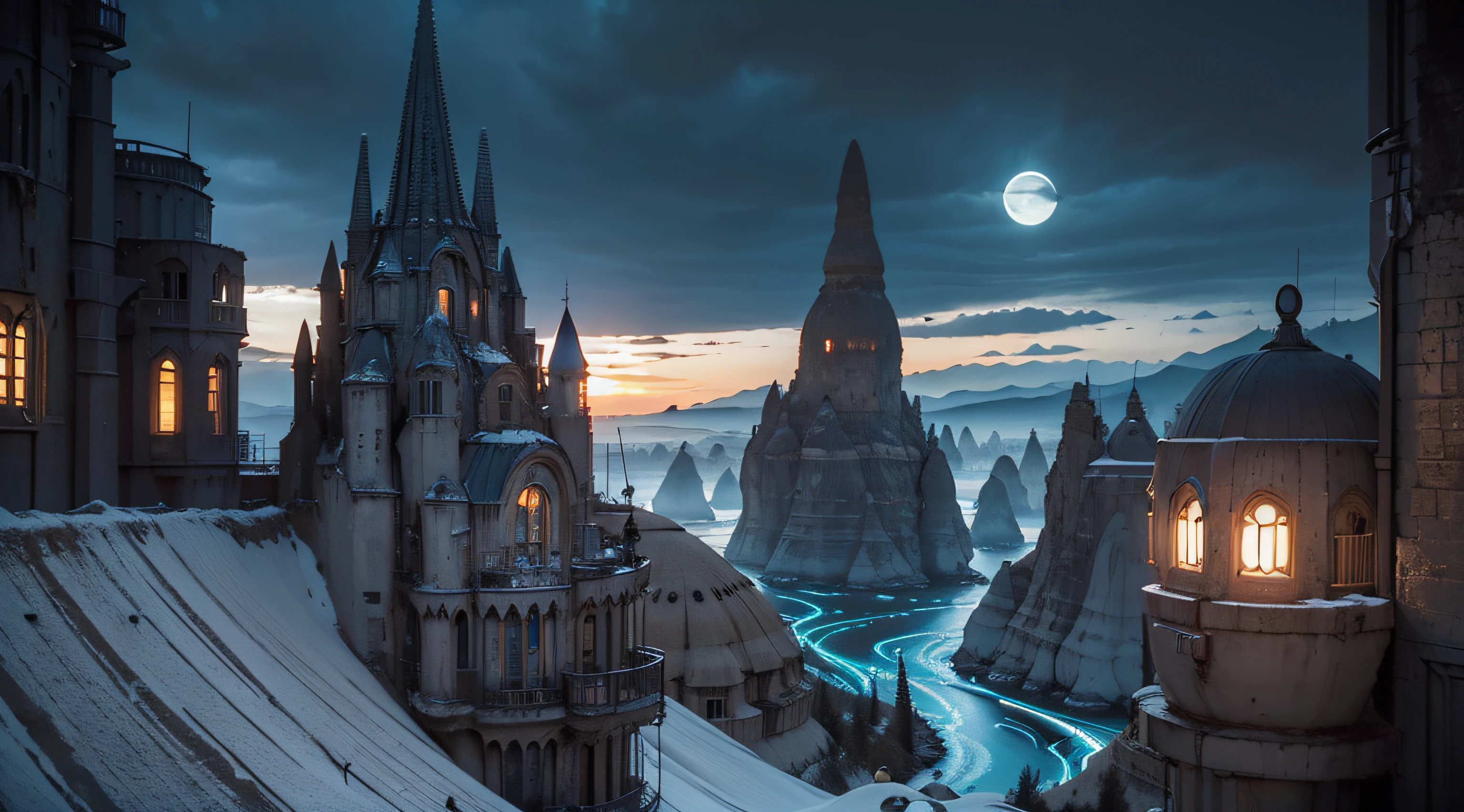 Dark Fantasy, The fantastic scenery, highly detailed landscape, Moonlight, Alien City　The Future of Science Fiction, dark art, Dystopian atmosphere, Mechanical and retro world, land like cappadocia, light from building windows, Strange architecture and streets inspired by Antonio Gaudi, dark sky, Overcast sky, grey sky, Retro analog synthesizer shape, Mechanized anime girl playing a retro analog synthesizer