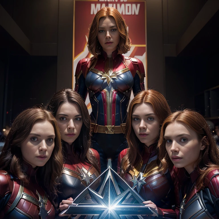 Create an image of a new superhero that incorporates a characteristic of those 5 powerful Marvel women: Captain Marvel (Carol Danvers), Scarlet Witch (Wanda Maximoff), Storm (Ororo Munroe), Black Widow (Natasha Romanoff) and Jean Gray