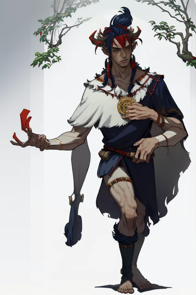 Tarot cards, Detailed juvenile male with red skin,navy blue hair, Two thin horns,Dressed as a druid,illustartion,Realistic,Harmonious colours,natural lighting,Forest setting,whitebackground