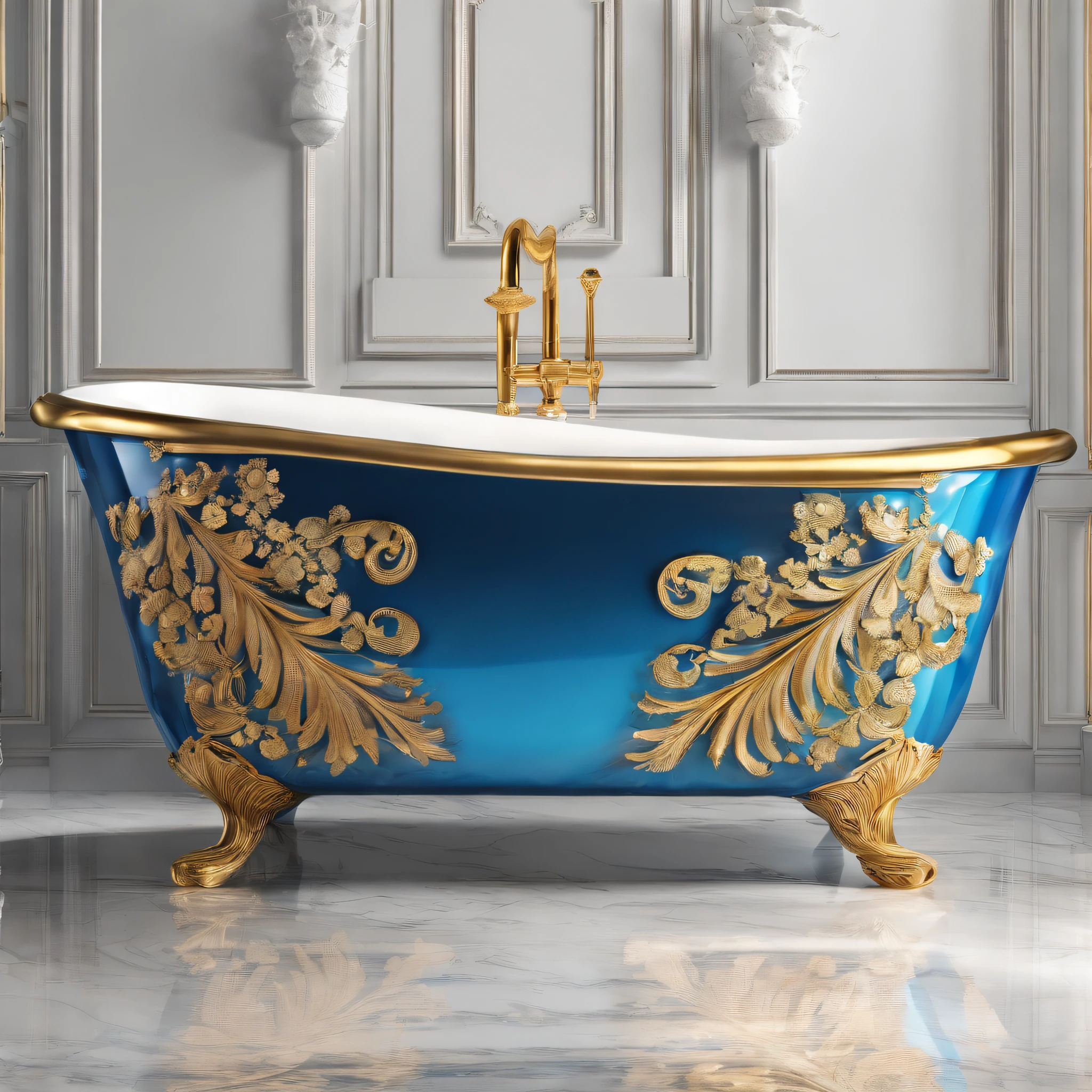there is a bowl with a blue and gold decoration on it, bathtub, bathtub with golden faucet, dreamy and detailed, ornate and flowing, made purely out of water, beauteous sumptuous, blue and gold color scheme, made of liquid metal and marble, gold and blue, detailed and bright, blue feathers, magnificent design, gold and luxury materials, vivid and detailed