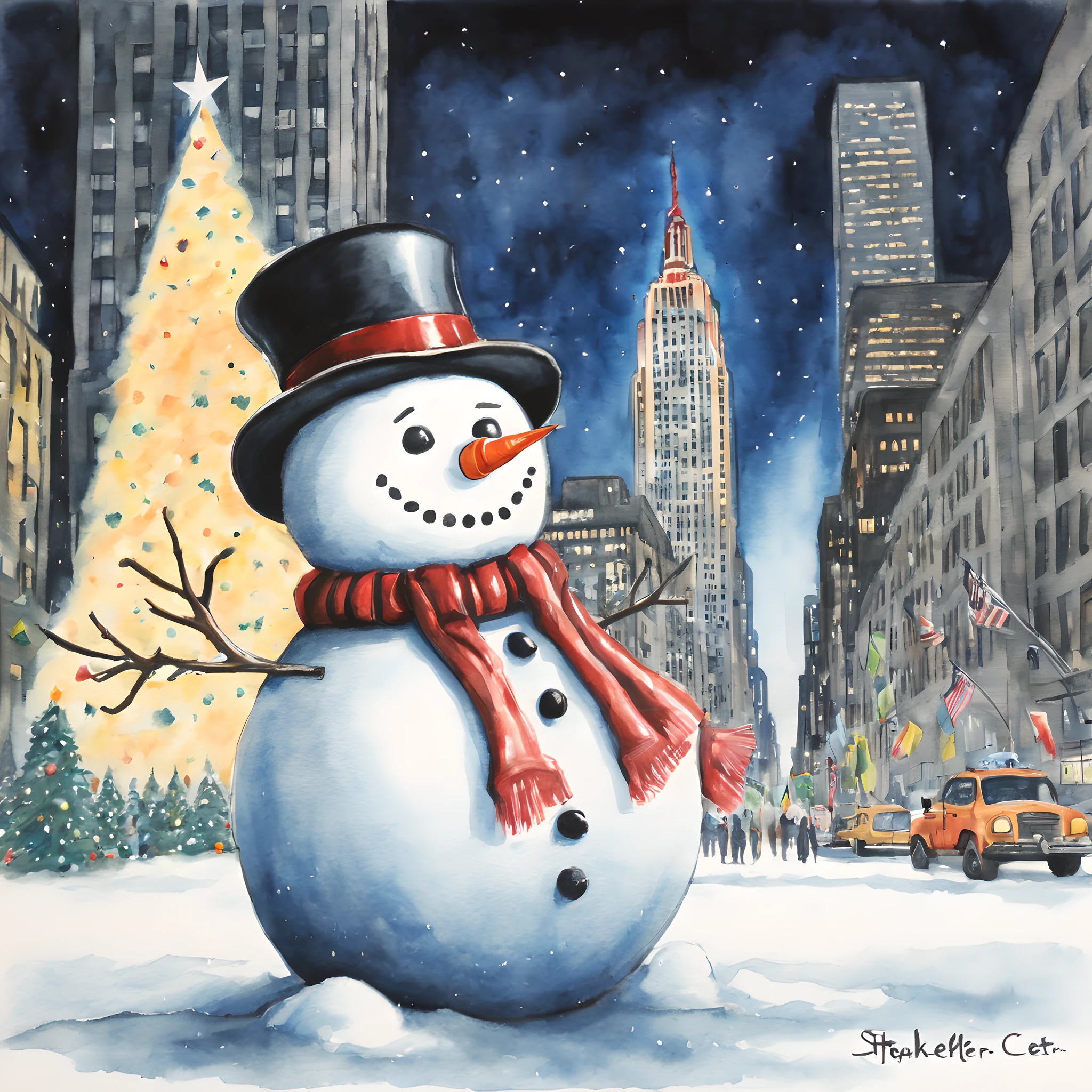 (snowman:1.5),(snowman theme:1.5),(dark horror theme:1.5),(thriller:1.5),(inspiration from Stephen King and ghost busters:1.5),(dark fantasy:1.5), (ink and watercolor painting:1.5), (full color:1.5), 8k, 4k, (snowman in front of rockefeller center:1.5),(Christmas:1.5),(absurderes:1.5),(fantastic:1.5),(best quality:1.5),(masterpiece:1.5),