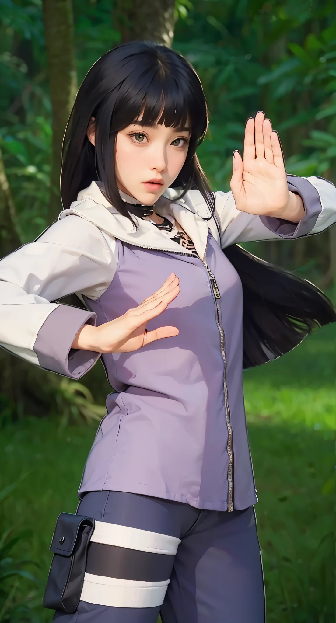 Real life adaption of this character , handsome man,realistic same hair The front has flat bangs and the back is long and the ends are cut evenly , ((realistic same outfit)), realistic jungle background , realistic light, realistic shadow, realism, hyper realistic,(photorealistic:1.2),