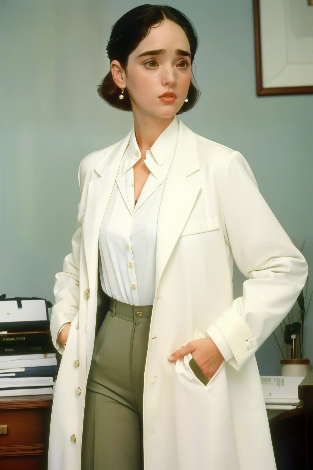 1995, Boston. Pre-raphaelite ((((40-year-old)) jennifer connelly)), doctor, hospital elegant office, working, ((((casual Clothing from the 1990s, tailored pants and blouse, white coat)))) ((short bob Hairstyle of the 1990s)), ((Wes Anderson cinematic style)), colorful